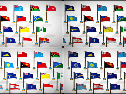 Oceania Countries Flags Pack Toon Style Low Poly Australian Region 3D Model