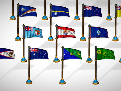 Oceania Countries Flags Pack Toon Style Low Poly Australian Region 3D Model