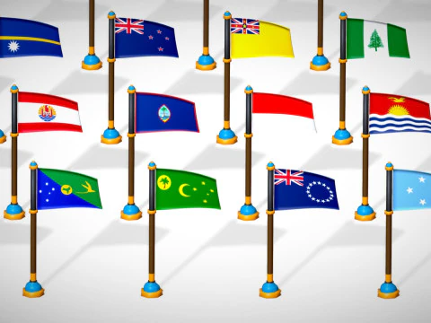 Oceania Countries Flags Pack Toon Style Low Poly Australian Region 3D Model