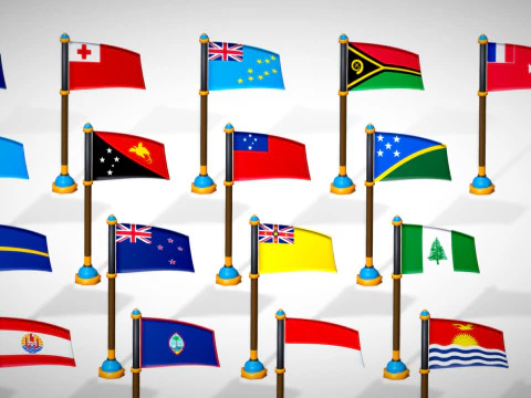 Oceania Countries Flags Pack Toon Style Low Poly Australian Region 3D Model