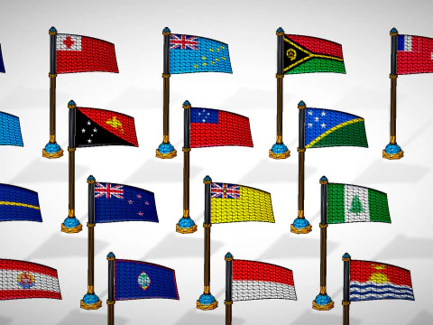 Oceania Countries Flags Pack Toon Style Low Poly Australian Region 3D Model