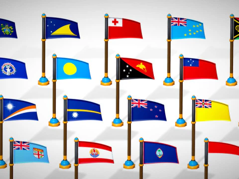 Oceania Countries Flags Pack Toon Style Low Poly Australian Region 3D Model