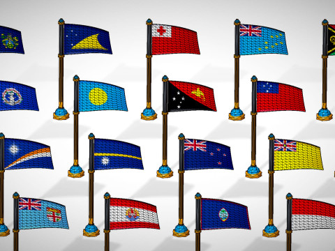 Paquete Banderas Países Oceanía Estilo Toon Región Australiana Low Poly Modelo 3D