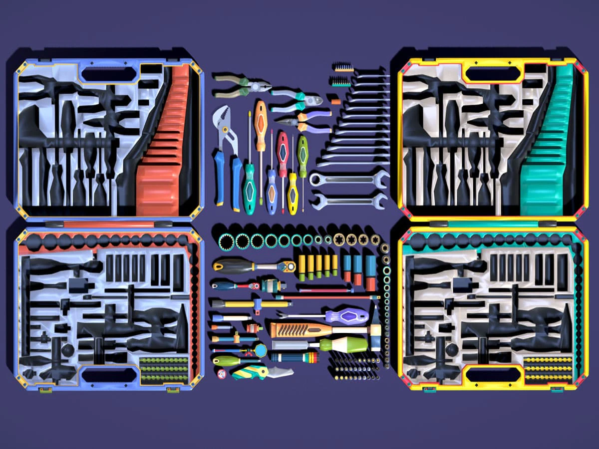 Industrial Toolkit Pack - 117 Lowpoly Toon Style Mechanical Tools Big Collection 3D Model .c4d .max .obj .3ds .fbx .stl .blend