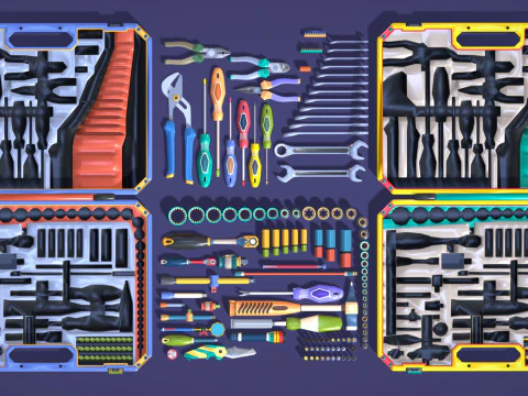 Industrial Toolkit Pack - 117 Lowpoly Toon Style Mechanical Tools Big Collection 3D Model