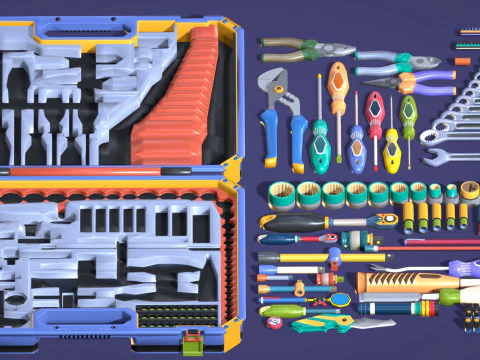 Industrial Toolkit Pack - 117 Lowpoly Toon Style Mechanical Tools Big Collection 3D Model