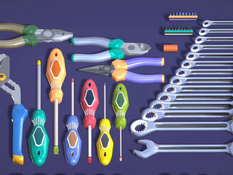 Industrial Toolkit Pack - 117 Lowpoly Toon Style Mechanical Tools Big Collection 3D Model