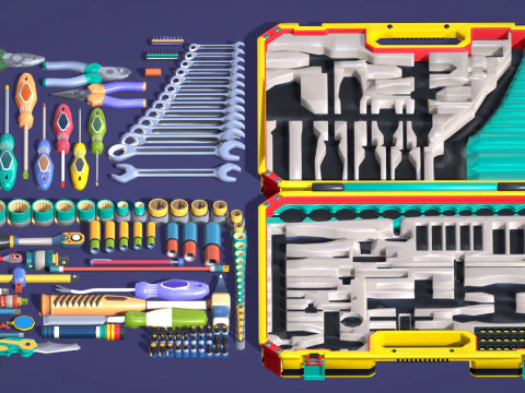 Industrial Toolkit Pack - 117 Lowpoly Toon Style Mechanical Tools Big Collection 3D Model