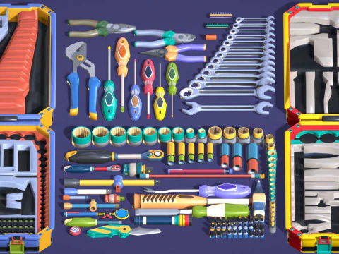 Industrial Toolkit Pack - 117 Lowpoly Toon Style Mechanical Tools Big Collection 3D Model