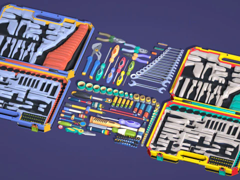 Industrial Toolkit Pack - 117 Lowpoly Toon Style Mechanical Tools Big Collection 3D Model