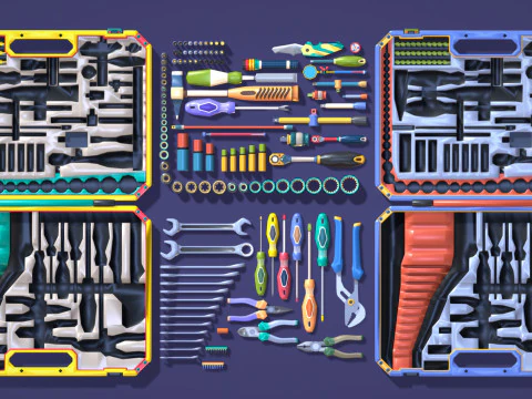 Industrial Toolkit Pack - 117 Lowpoly Toon Style Mechanical Tools Big Collection 3D Model