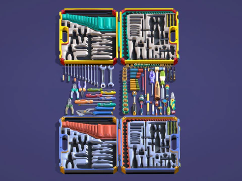 Industrial Toolkit Pack - 117 Lowpoly Toon Style Mechanical Tools Big Collection 3D Model