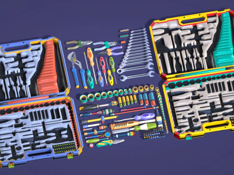 Industrial Toolkit Pack - 117 Lowpoly Toon Style Mechanical Tools Big Collection 3D Model