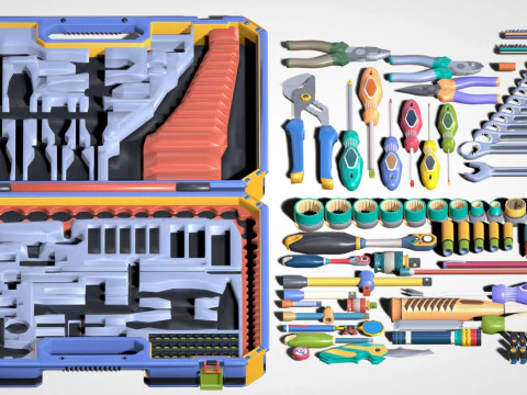 Industrial Toolkit Pack - 117 Lowpoly Toon Style Mechanical Tools Big Collection 3D Model