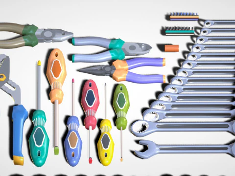Industrial Toolkit Pack - 117 Lowpoly Toon Style Mechanical Tools Big Collection 3D Model