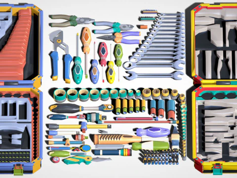 Industrial Toolkit Pack - 117 Lowpoly Toon Style Mechanical Tools Big Collection 3D Model