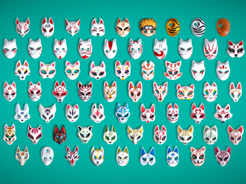 Набор из 66 масок Наруто &mdash; Анбу Учиха Тоби Обито &mdash; стилизованная коллекция низкополигональных мультяшек 3D Модель