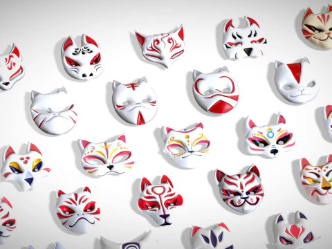66 Anime Ninja Masks Pack Samurai Warrior Style Stylized Lowpoly Toon Pack 3D Model