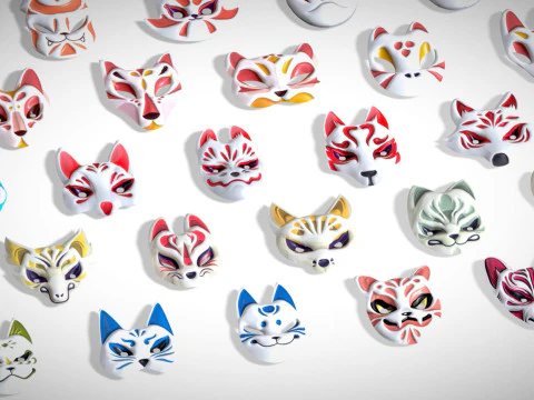 66 Anime Ninja Masks Pack Samurai Warrior Style Stylized Lowpoly Toon Pack 3D Model