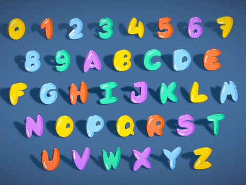 シンプルなアルファベット数字パック 7 - 様式化されたトゥーン メタリック - キッズ学習キット 3Dモデル