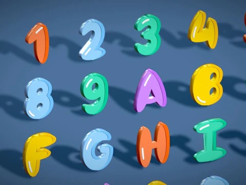 Simple Alphabets Numbers Pack 7 - Stylized Toon Metallic - Kids Learning Kit 3D Model