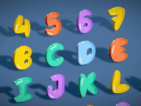 Simple Alphabets Numbers Pack 7 - Stylized Toon Metallic - Kids Learning Kit 3D Model