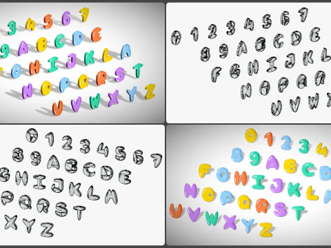 Simple Alphabets Numbers Pack 7 - Stylized Toon Metallic - Kids Learning Kit 3D Model