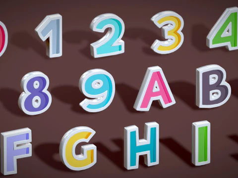 Simple Alphabets Numbers Pack 8 - Stylized Toon Metallic - Kids Learning Kit 3D Model