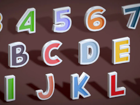 Simple Alphabets Numbers Pack 8 - Stylized Toon Metallic - Kids Learning Kit 3D Model