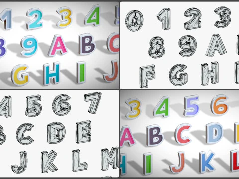 Simple Alphabets Numbers Pack 8 - Stylized Toon Metallic - Kids Learning Kit 3D Model