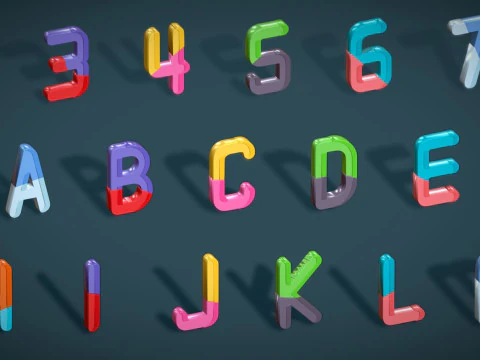 Simple Alphabets Numbers Pack 9 - Stylized Toon Metallic - Kids Learning Kit 3D Model