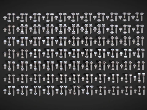 308 볼트 나사 머리 팩 - 낮은 폴리 사실적인 Kitbash - 산업용 소품 세트 3D 모델