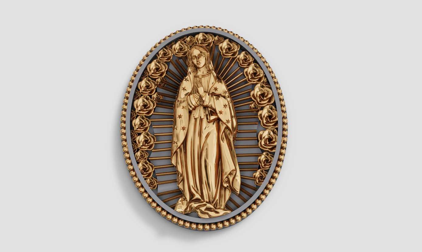 Oval Virgin Mary Guadalupe Pendant Rose Frame Religious Jewelry 3D Print Model .c4d .max .obj .3ds .fbx .stl .blend 