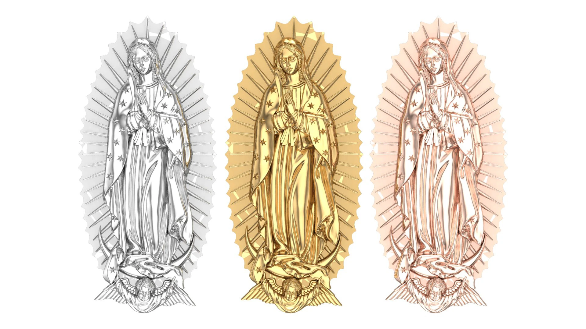 Questo ciondolo della Vergine Maria di Guadalupe splendidamente dettagliato cattura l'iconico im religioso Modello di stampa 3D .c4d .max .obj .3ds .fbx .stl .blend 