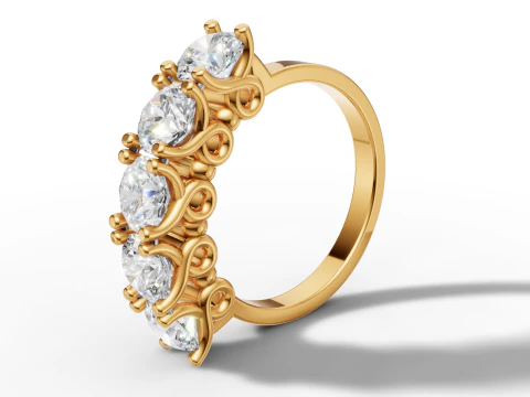 Каблучка з п'ятьма каменями, сапфіром і діамантом 3D Принт Модель