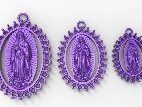 Virgin Mary Oval Pendant STL 3D Printable Catholic Medallion with Stones 3D Print Model