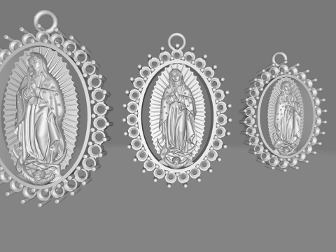 Virgin Mary Oval Pendant STL 3D Printable Catholic Medallion with Stones Model 3D