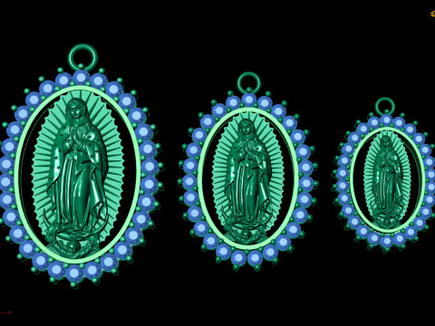 Virgin Mary Oval Pendant STL 3D Printable Catholic Medallion with Stones Model 3D