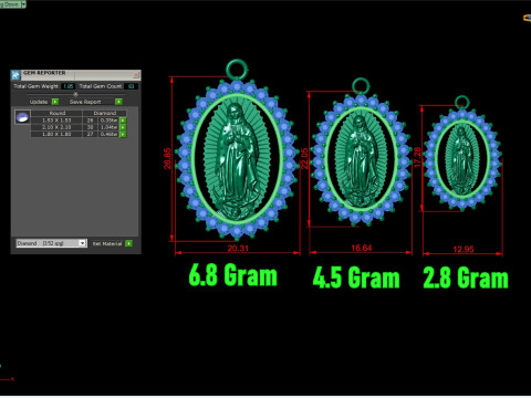 Virgin Mary Oval Pendant STL 3D Printable Catholic Medallion with Stones Model 3D