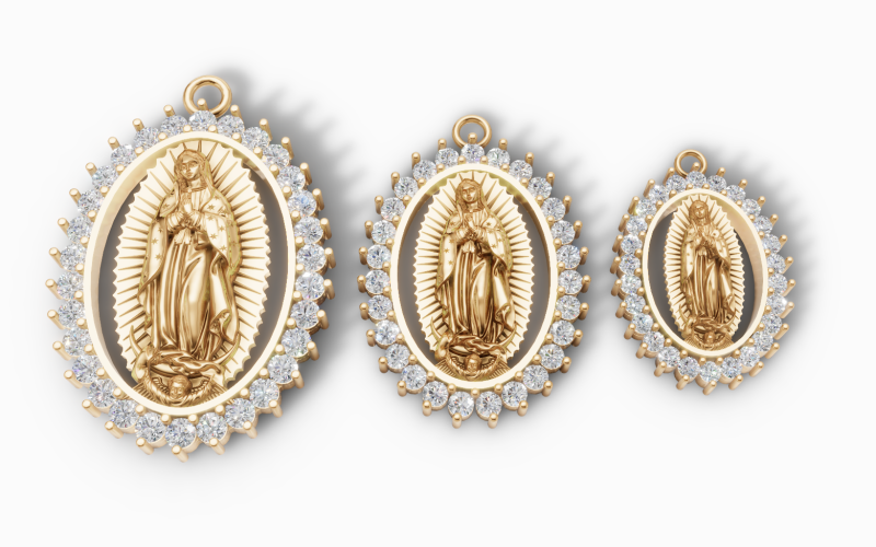 Virgin Mary Oval Pendant STL 3D Printable Catholic Medallion with Stones 3D Print Model .c4d .max .obj .3ds .fbx .stl .blend 