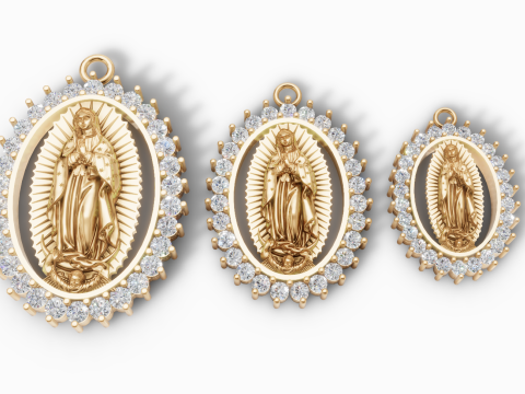 Virgin Mary Oval Pendant STL 3D Printable Catholic Medallion with Stones 3D Модель