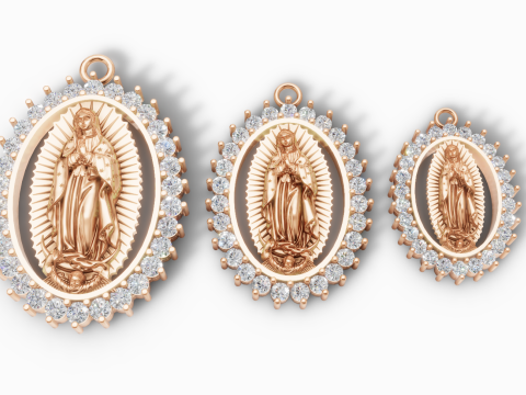 Virgin Mary Oval Pendant STL 3D Printable Catholic Medallion with Stones 3D Print Model