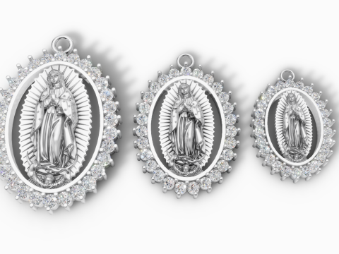 Virgin Mary Oval Pendant STL 3D Printable Catholic Medallion with Stones 3D Print Model