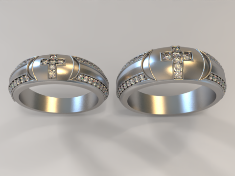Couple Ring with Cross and Gemstones 3D Модель