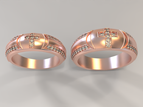 Couple Ring with Cross and Gemstones 3D Модель