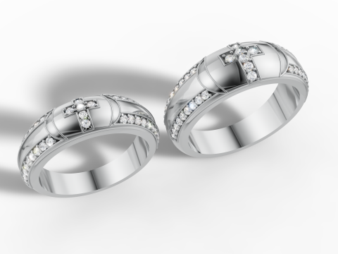 Anillo de Pareja con Cruz y Gemas Modelo 3D