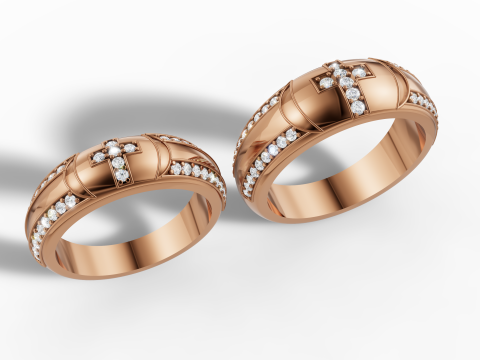 Anillo de Pareja con Cruz y Gemas Modelo 3D