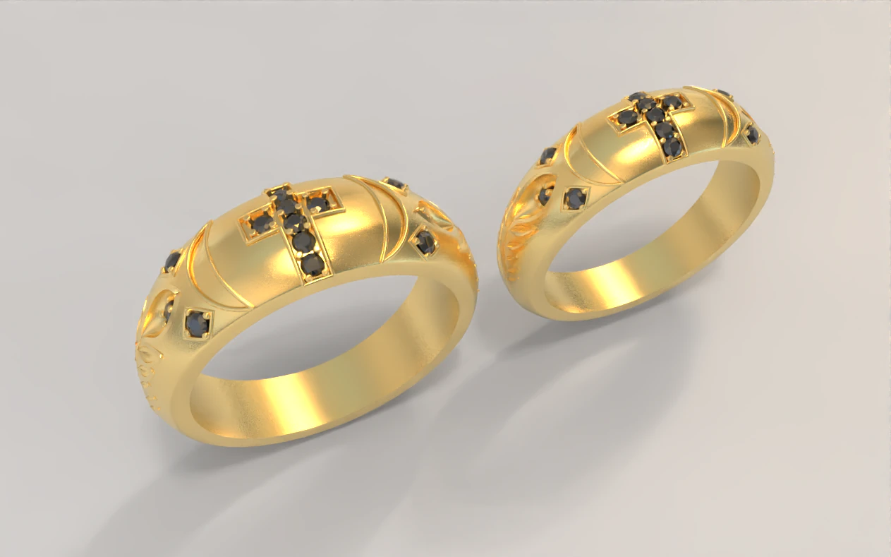 Couple Ring with Cross and Gemstones 2 3D Print Model .c4d .max .obj .3ds .fbx .stl .blend 