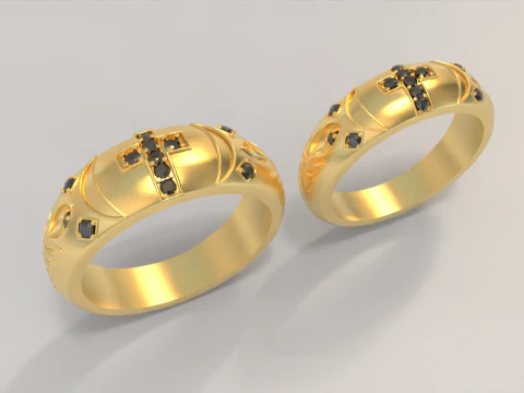 Anello di Coppia con Croce e Pietre Preziose 2 Modello di stampa 3D