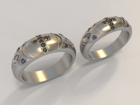 Couple Ring with Cross and Gemstones 2 3D Print Model